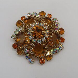 Juliana D&E Dog Toothed Pronged Orange and AB Stones Gold Tone Dome Brooch